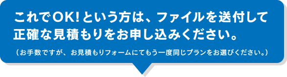 これでOK!という方は、ファイルを送付して正確な見積もりをお申し込みください。（お手数ですが、お見積もりフォームにてもう一度同じプランをお選びください。）